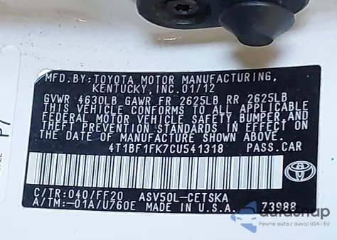 2012 Toyota Camry Se z USA, uszkodzony, nr VIN 4T1BF1FK7CU541318